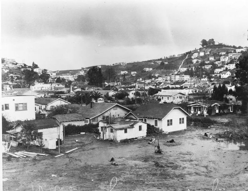 Rain washes away the iconic intersection at Santa Monica and Sunset Boulevard in Silverlake, 1928